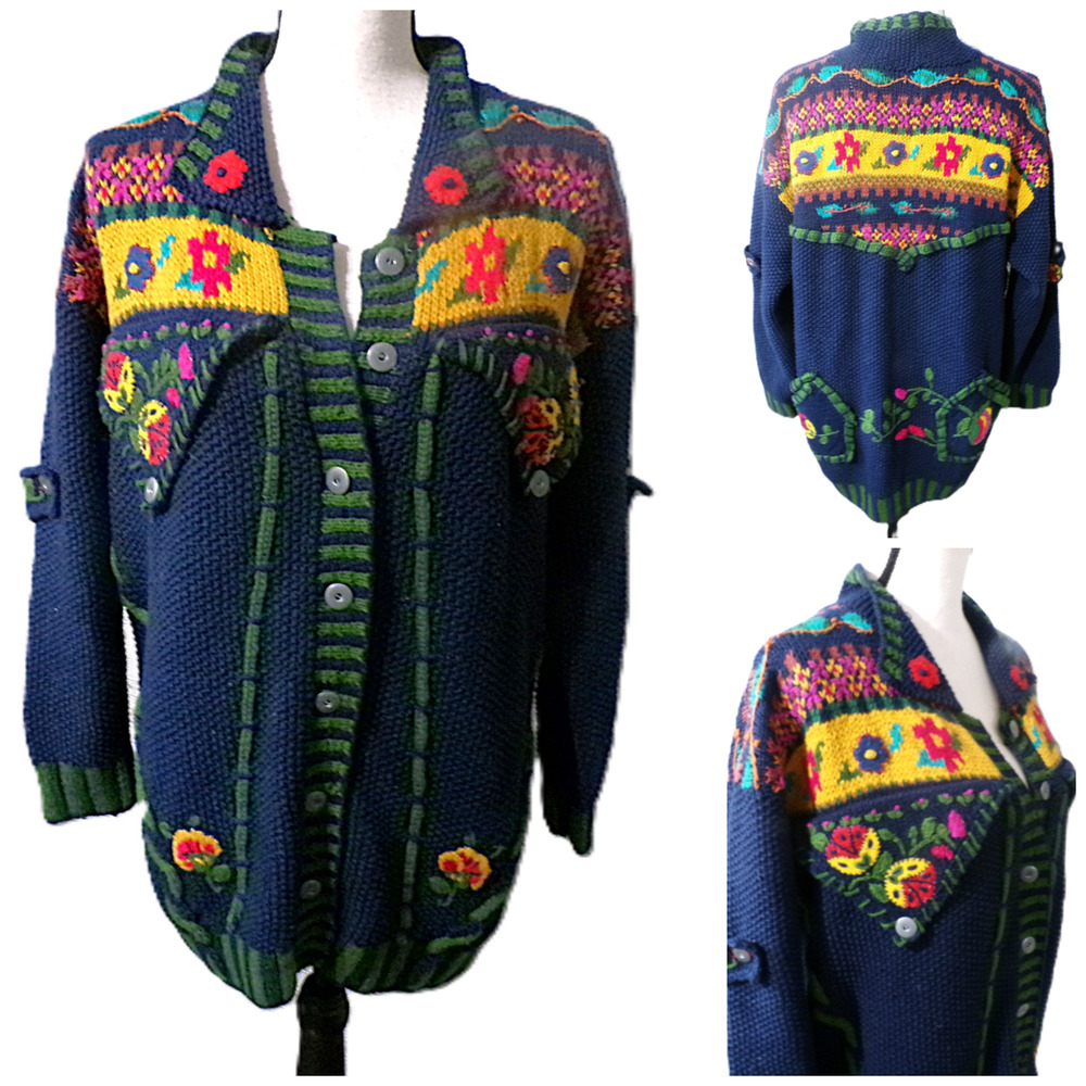 Vtg Anthropologie Curio Western Embroidered Cardigan Sweater Floral Art-to-Wear